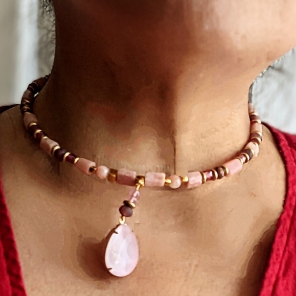Natural Genuine Pink Opal & Pink Glass in GP Necklace w/ Powder Pink Crystal - Picture 10 of 10